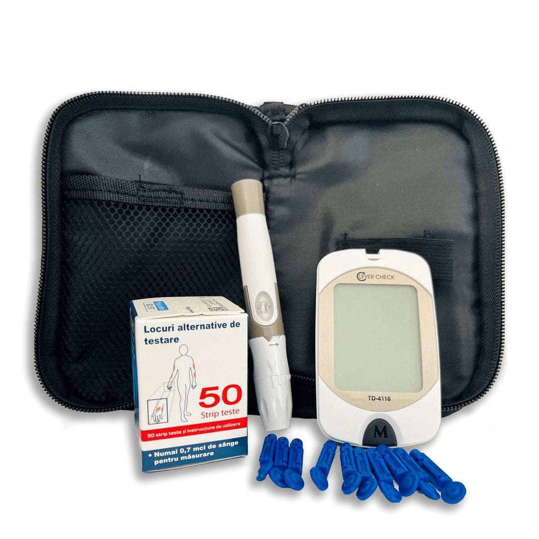 50 strip-teste + 10 lantete +1 Glucometru CLEVER CHECK + husă, dispozitiv de lansare a lanțetelor