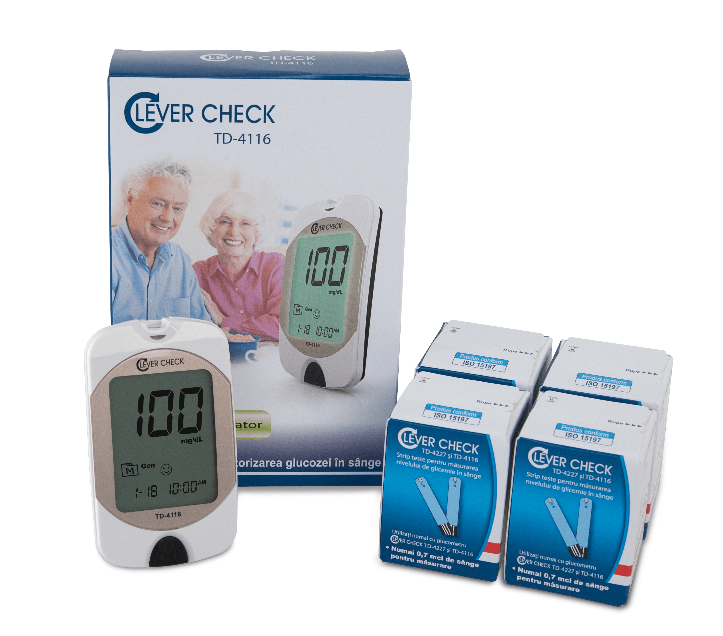 Sistem pentru monitorizarea a glucozei în sânge Clever Check (glucometru TD-4116 cu lansator si 10 lantete, în husa)
